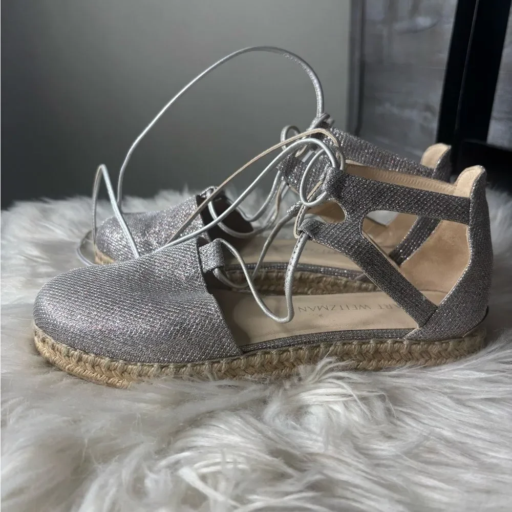 Stuart Weitzman 7 Walkmyway Silver sparkle Espadrille Flats wrap up wedding shoe